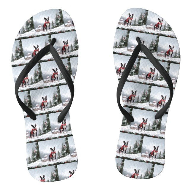 Tongs Chien de Boston Terrier pendant Noël de neige (Semelle)