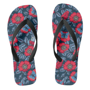 Tongs Chien rose et papillons en bleu et rouge
