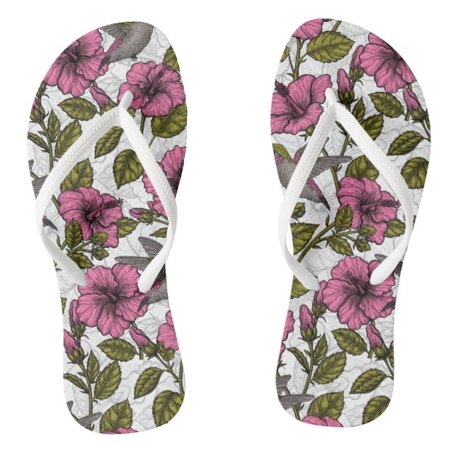 Tongs Colibris et fleurs d'hibiscus roses (Semelle)