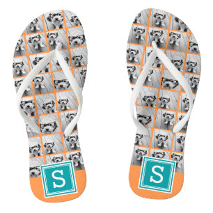 Tongs Collage photo avec Monogramme - Orange et Turquois