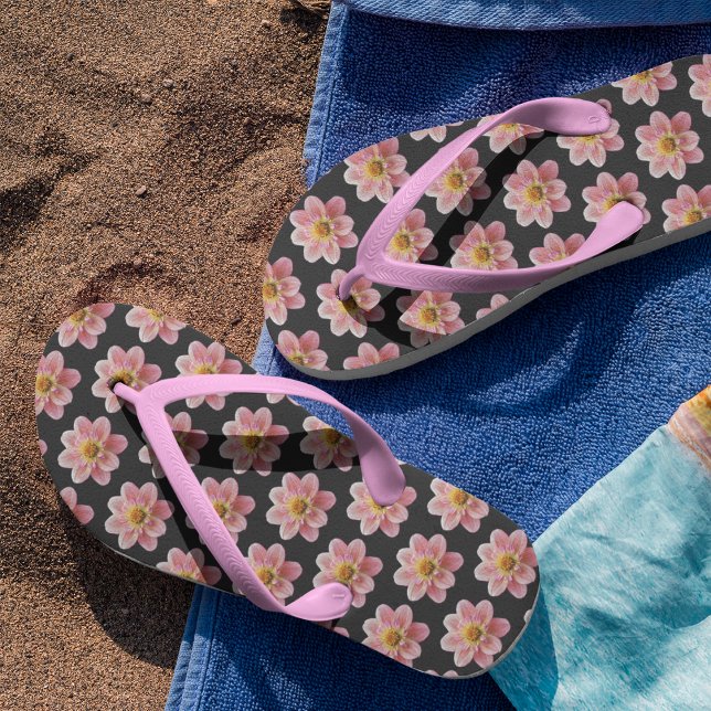 Tongs Collarette rose Dahlia motifs floraux sur noir (In Situ)