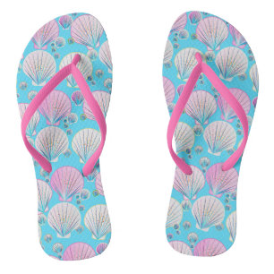 Tongs Coques de mer roses et blanches sur turquoise