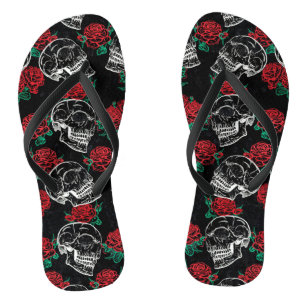 Tongs Crânes et roses rouges   Grunge gothique moderne