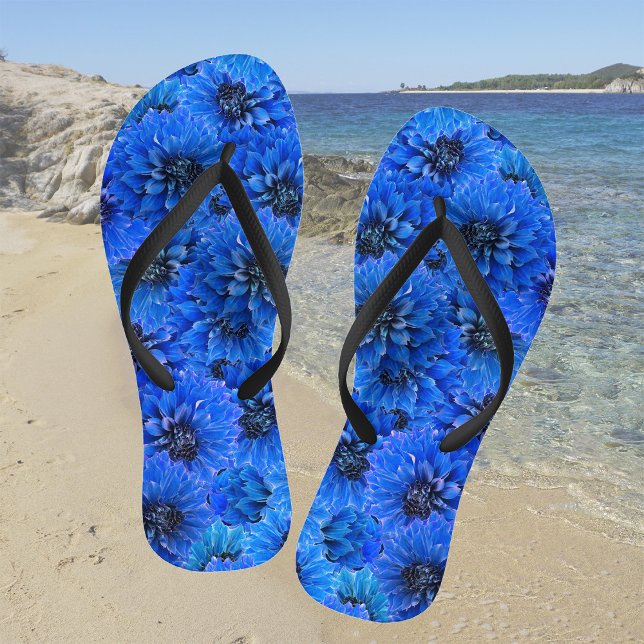 Tongs Dahlias en bleu royal - design floral, (Créateur téléchargé)