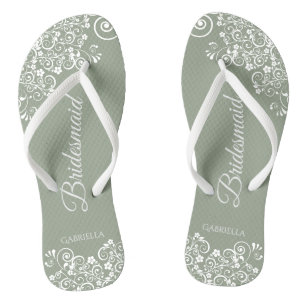 Tongs Dentelle blanche sur Sage Green Bridesmaid Mariage
