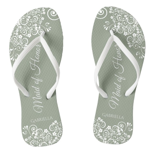 Tongs Dentelle blanche sur Sage Green Maid of Honor Mari (Semelle)