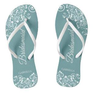 Tongs Dentelle blanche sur Turquoise Elegant Bridesmaid