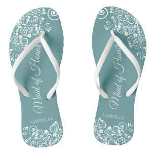 Tongs Dentelle blanche sur Turquoise Élégante femme de M