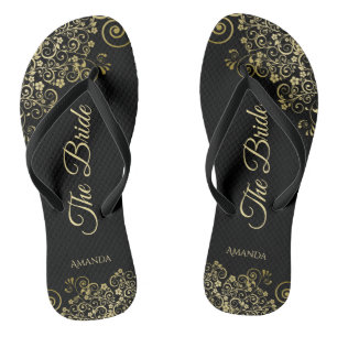 Tongs Dentelle d'or sur le noir La mariée Mariage élégan
