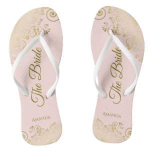 Tongs Dentelle d'or sur rose vif La mariée Mariage éléga