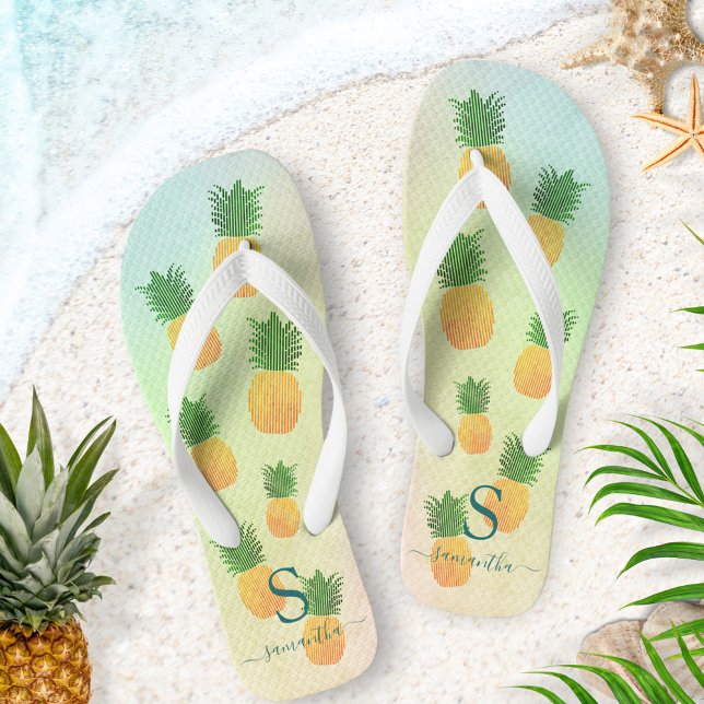 Tongs Élégant ananas tropical monogramme été (Créateur téléchargé)