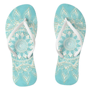 Tongs Elégant Blanc Gold Mandala Sky Blue Design