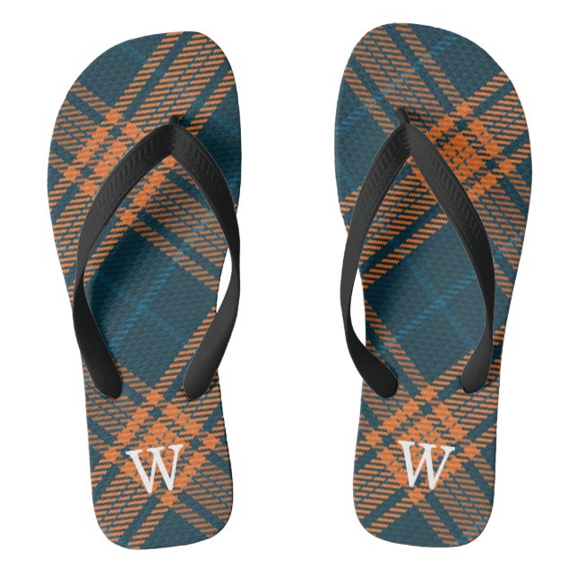Tongs Elegant blue & orang tartan plaid Personalized  (Semelle)
