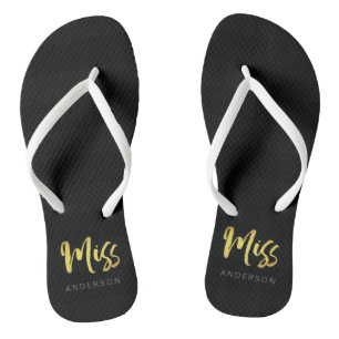 Tongs Elégant Faux Gold Nom Miss Black Stripes