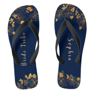 Tongs Elégante tribu Mariée Gold Foliage Marine Bleu