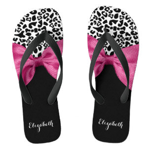 Tongs Empreinte de léopard en ruban rose foncé avec no
