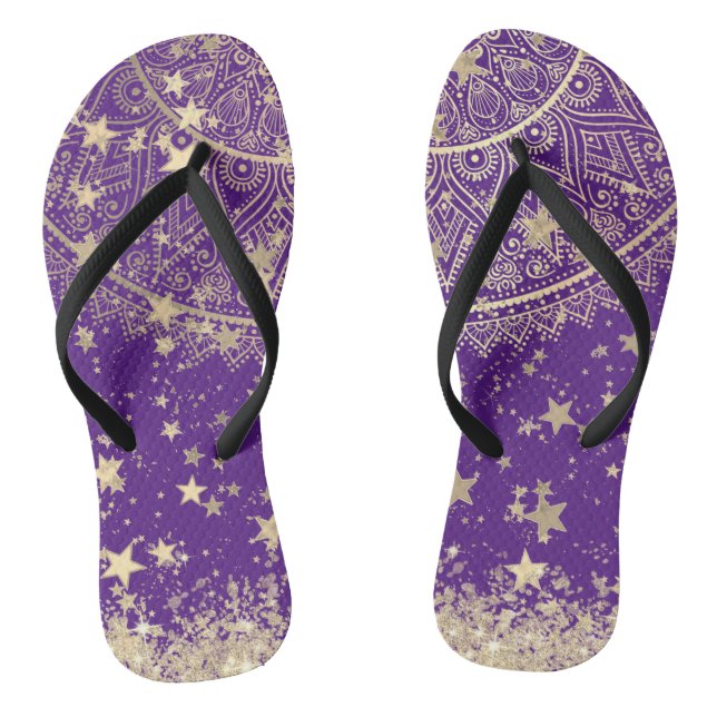 Tongs Enchanter Mandala avec des étoiles d'or sur violet (Semelle)