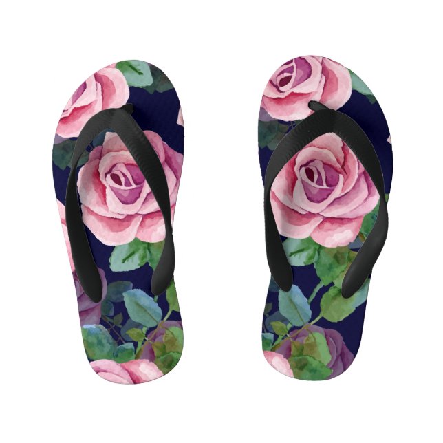 Tongs Enfants Bleu foncé, Roses Roses Rose Aquarelle. (Semelle)