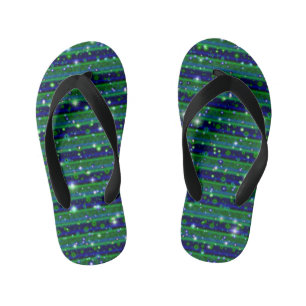 Tongs Enfants Bleu vert rayures avec étoiles et Raindrops