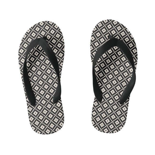 Tongs Enfants Bloc de style Aztec Imprimer noir+crème Motif Rpt (Semelle)