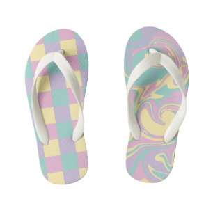 Tongs Enfants Chèques et perles Pastel Rose, Jaune, Violet & Ver