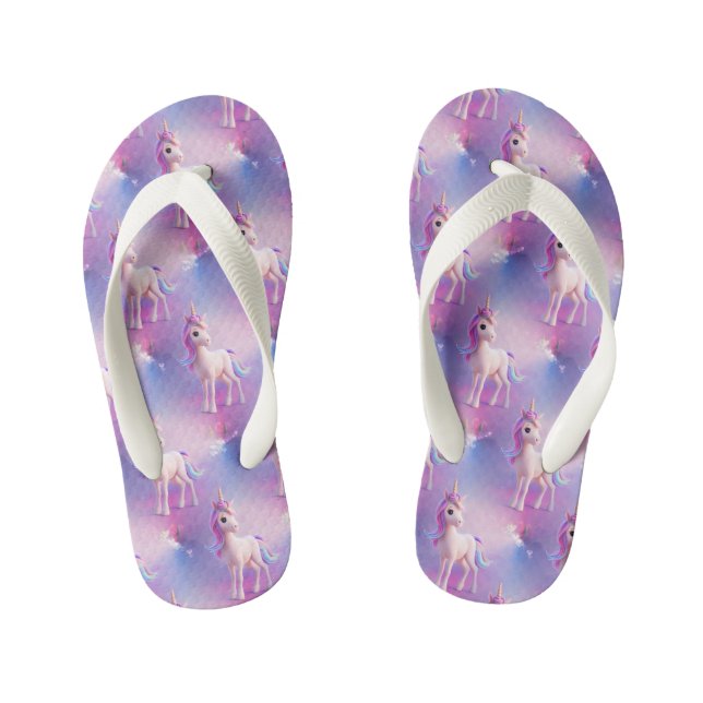 Tongs Enfants Cute Unicorne Blanche Avec Rose & Bleu Mane (Semelle)