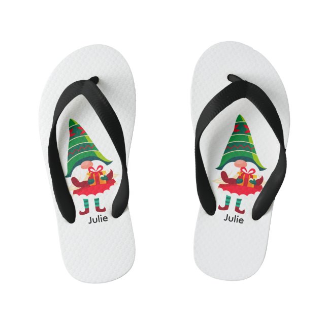 Tongs Enfants Gnome de Noël personnalisée tenant une boîte cadea (Semelle)