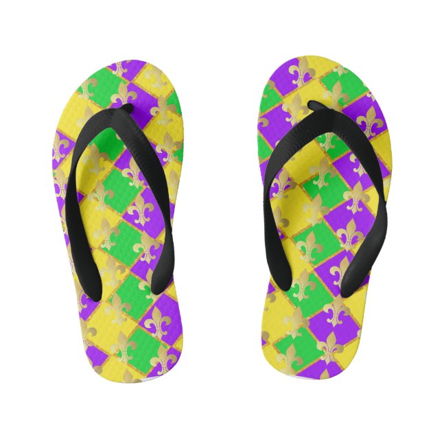 Tongs Enfants Gold Green Mardi Gras Harlequin Motif (Semelle)