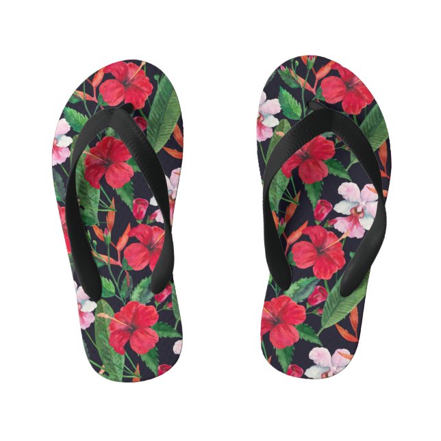 Tongs Enfants hibiscus rouge, orchidées, aquarelle tropicale. (Semelle)