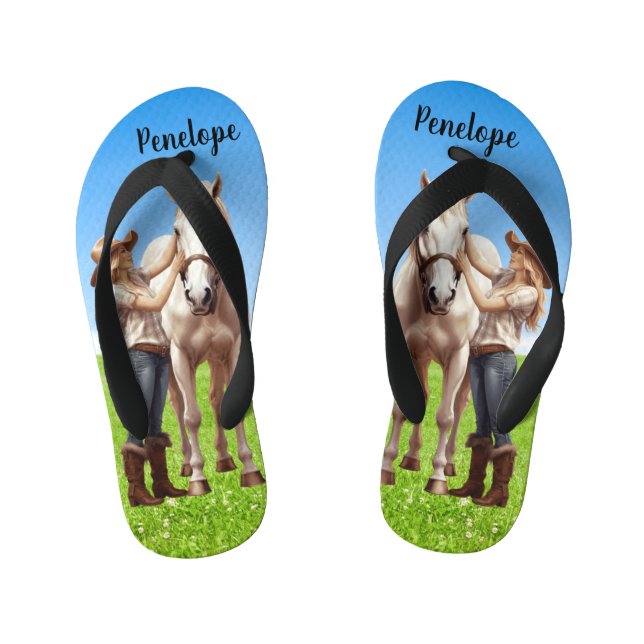 Tongs Enfants Horse Girl Horseback équitation Meadow Personnalis (Semelle)
