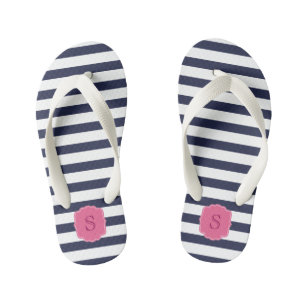 Tongs Enfants Monogramme personnalisé Jolie rayures bleu marine