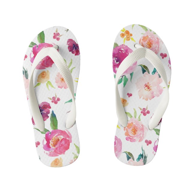 Tongs Enfants Motif de pivoines d'aquarelle rose et bleu (Semelle)