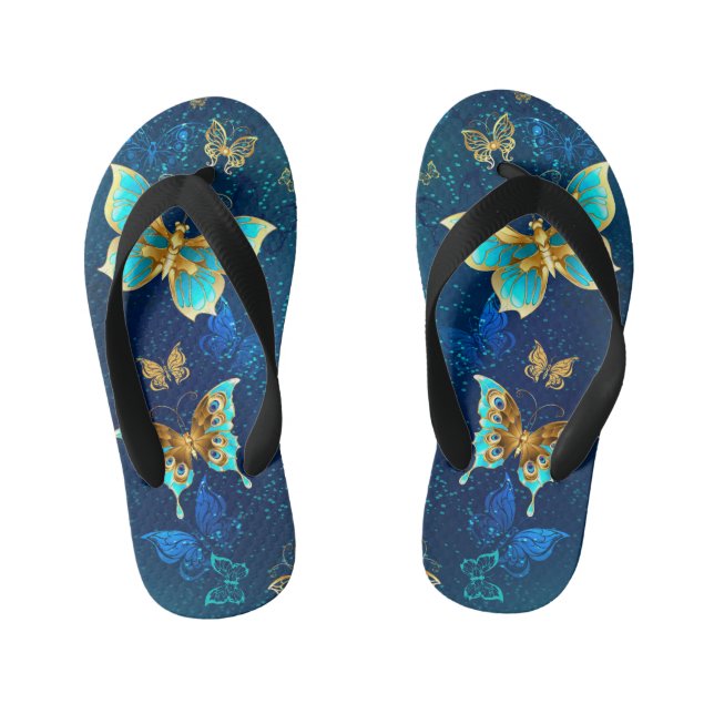 Tongs Enfants Papillons d'or sur un Arrière - plan bleu (Semelle)
