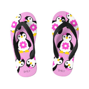 Tongs Enfants Pingouins mignons pour filles aux fleurs roses
