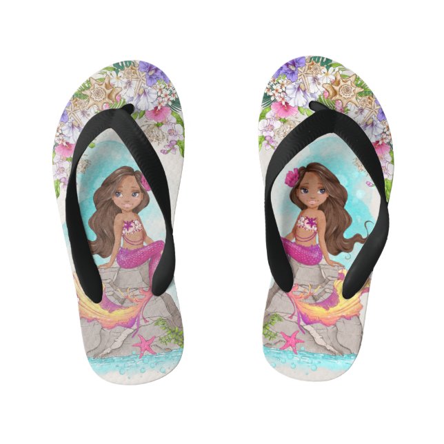 Tongs Enfants Sous la mer Sirène rose et pourpre (peau foncée) (Semelle)