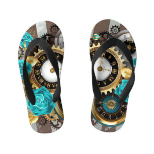 Tongs Enfants Steampunk Clock and Turquoise Roses on Striped