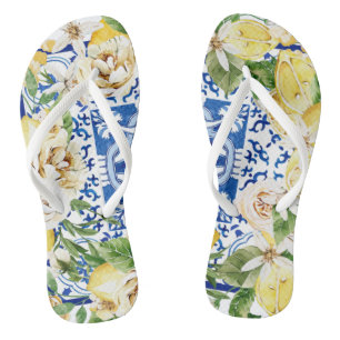 Tongs Été Méditerrannée citron et fleurs imprimés