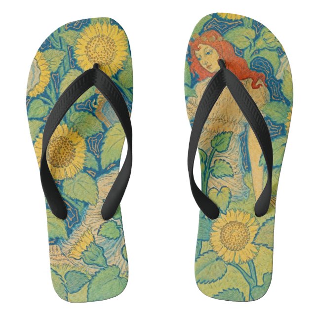 Tongs Femme Fleur Enfant dans un jardin de tournesols (Semelle)