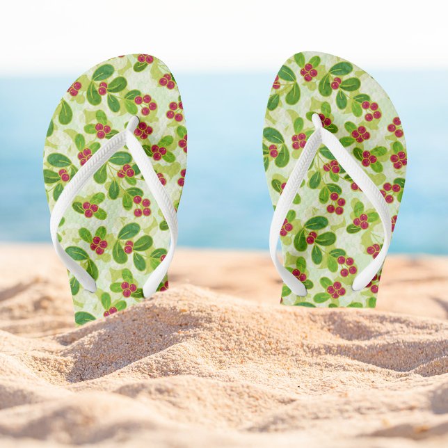 Tongs Festive Motif de fruits de canneberge, vert (Festive Cranberry Pattern FlipFlops)