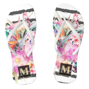 Tongs feuilles floraux tropicaux et rayures de flamants 