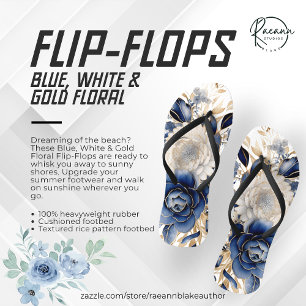 Tongs Feuilles florifères bleues, blanches et dorées