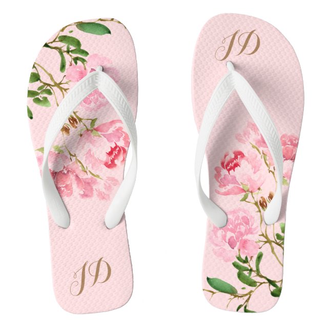 Tongs Fille rose Monogramme Floral Aquarelle Peony Flowe (Semelle)