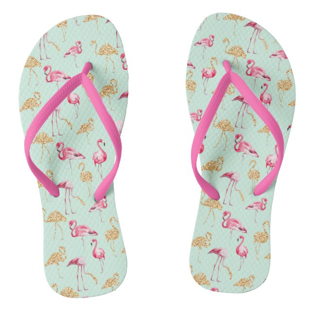 Tongs Flamant rose funky à fleurs roses et dorées (Semelle)