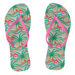 Tongs Flamant rose Palm Tree Burlap Look