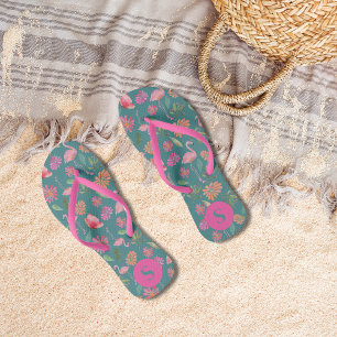 Tongs Flamants Roses Motif Floral Tropical Monogrammé