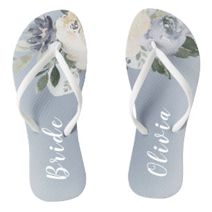 Tongs Fleur botanique bleu poussiéreux mariée personnali
