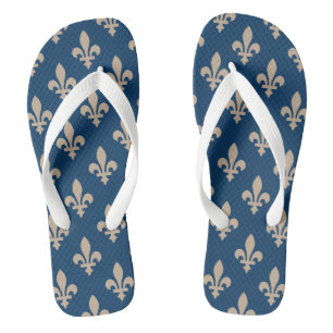 Tongs Fleur de Lis Motif, Royal French, Crème sur Blue