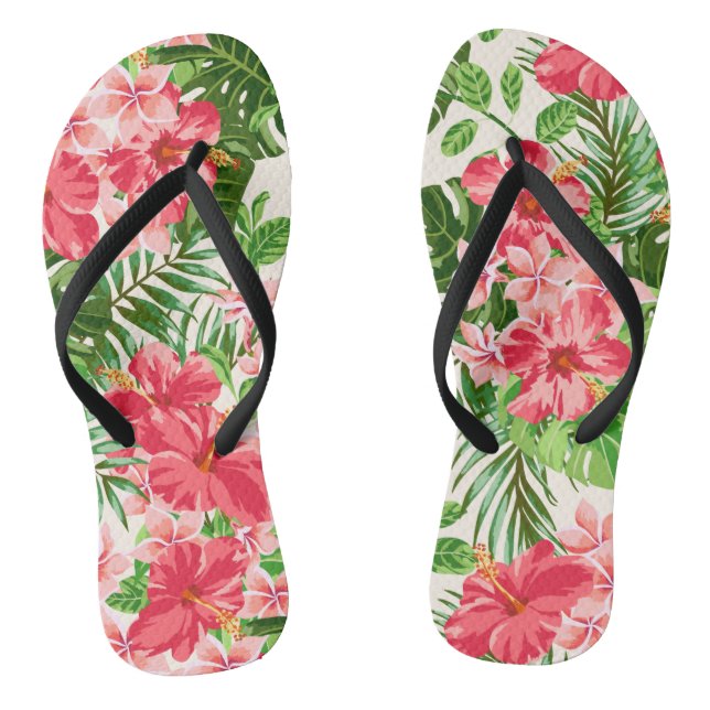 Tongs Fleur Hibiscus rose Feuilles Arrière - plan léger  (Semelle)