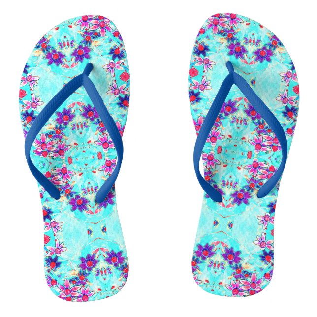 Tongs Fleur mignonne violette Motif sur Aqua Blue (Semelle)