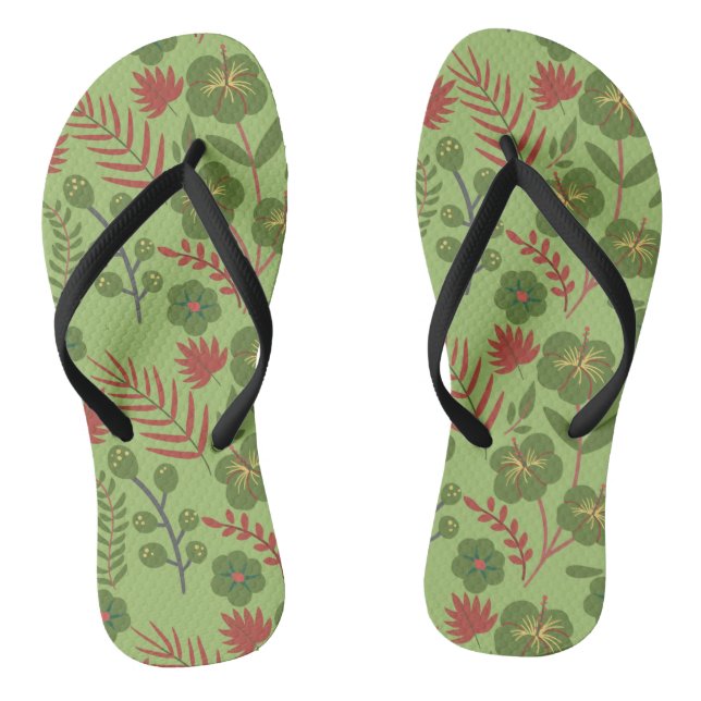 Tongs Fleur motif, branche, feuille fleurie verte sans s (Semelle)